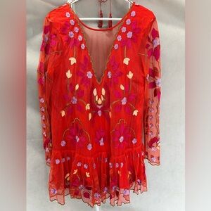 Free People Red Dress with Floral Embroidery